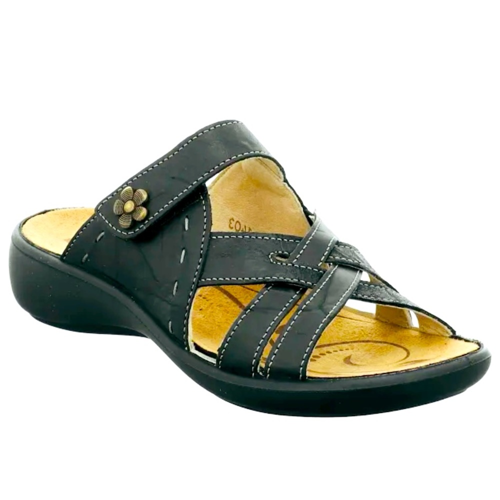 Romika “Ibiza 99” black leather slide sandals, women’s 6.5 (European 37).